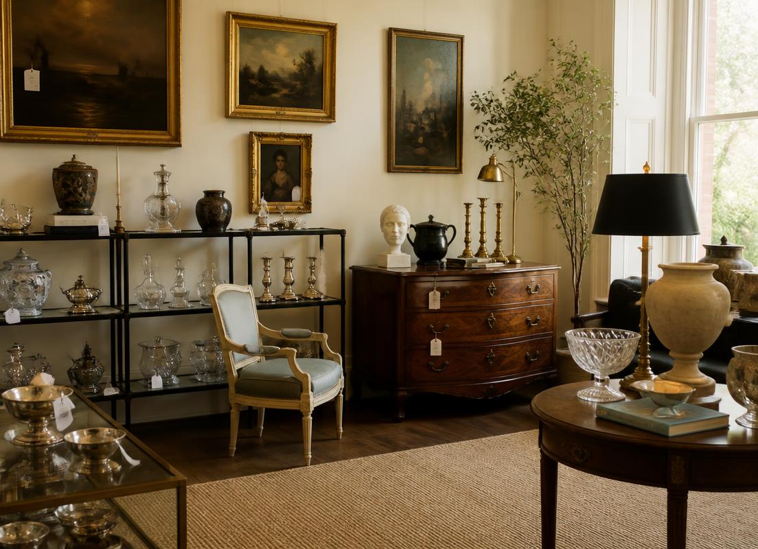 Visningsrum med glas, silver och tavlor inför auktion